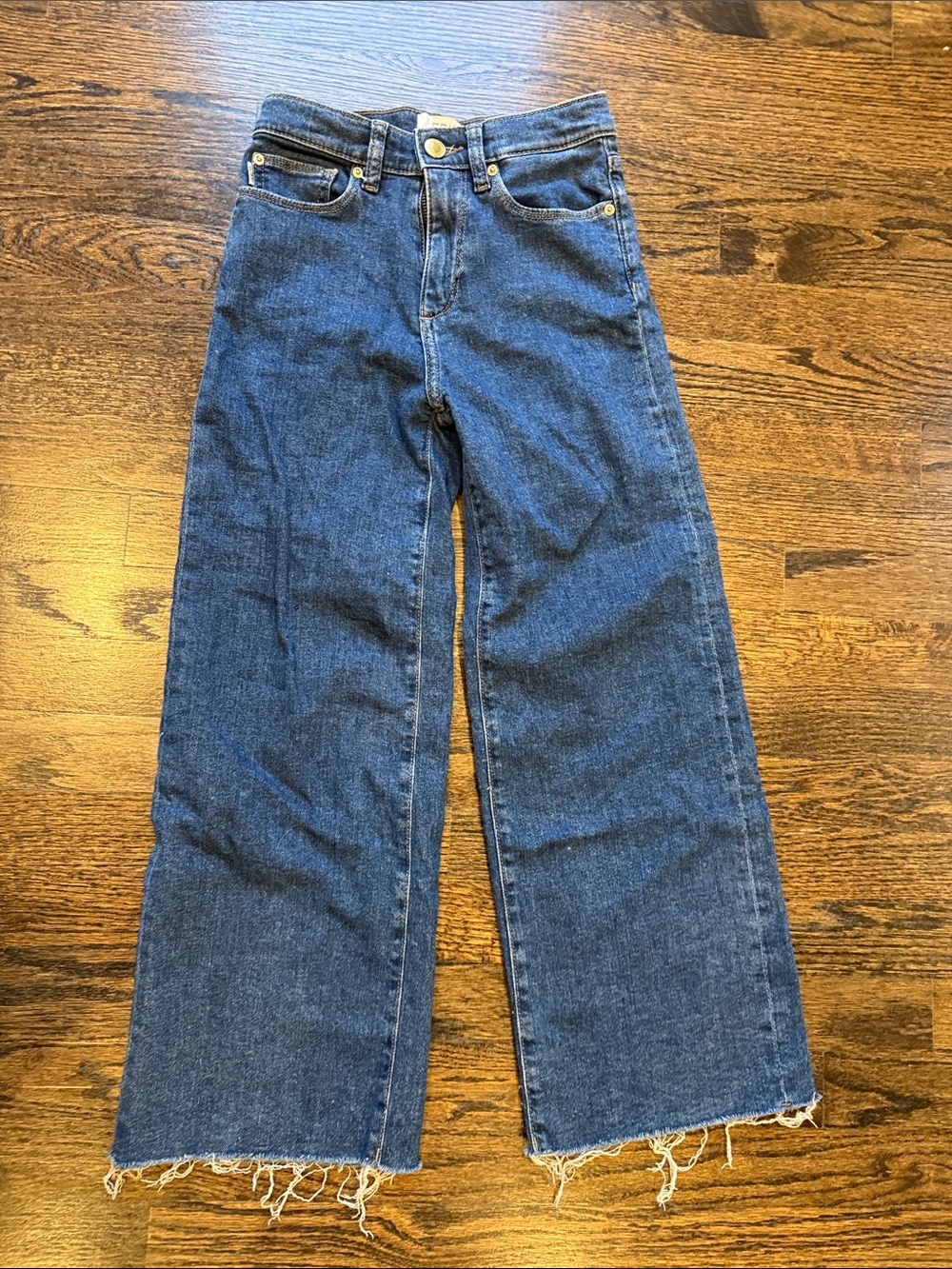 Wide Leg Raw Hem Kid’s Jeans in Dark Blue